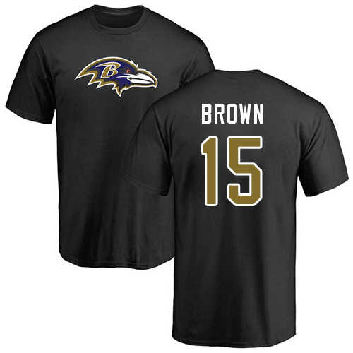 Men Baltimore Ravens Black Marquise Brown Name and Number Logo NFL Football #15 T Shirt